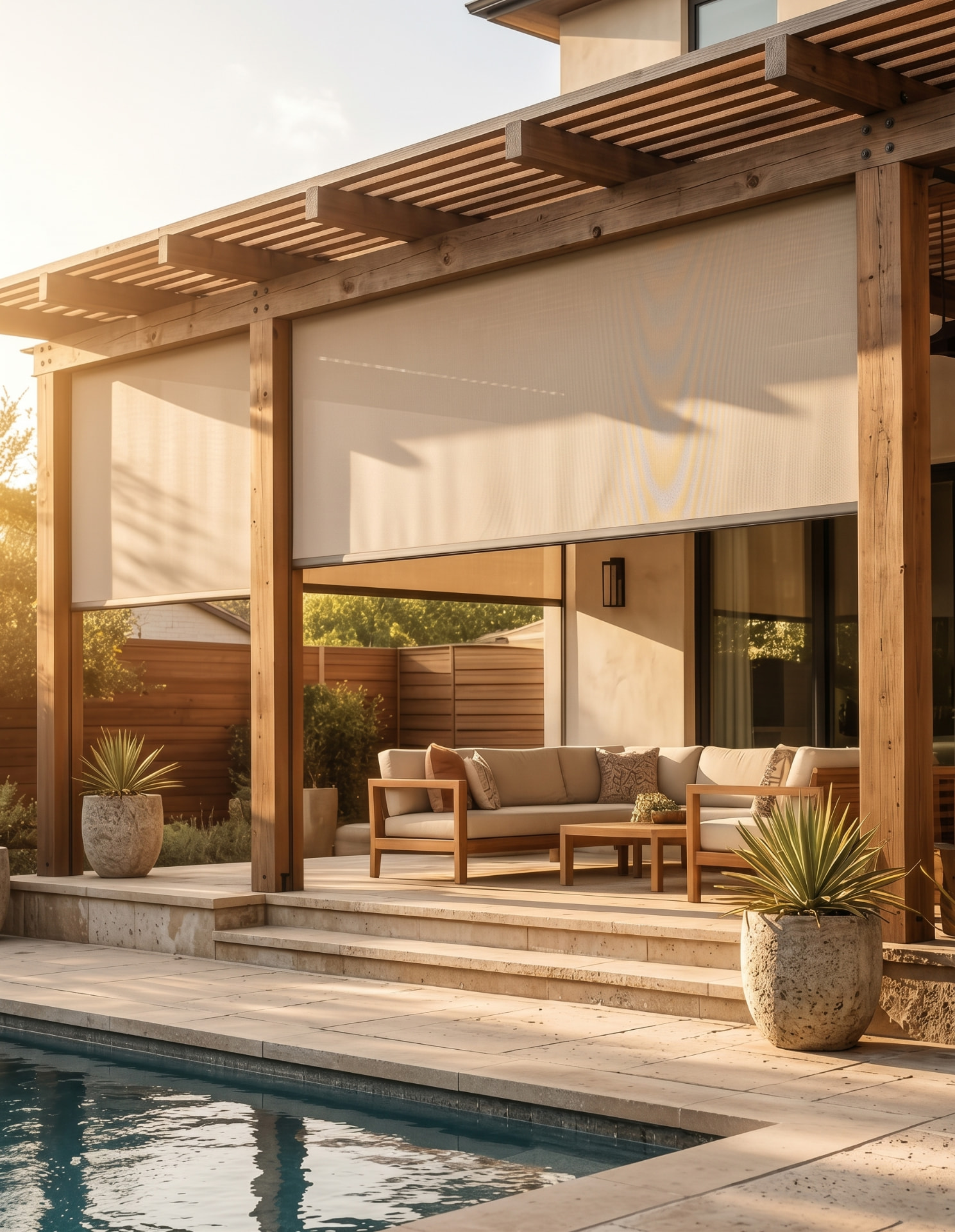 Patio shade illustration for Dallas, TX: light retractable shades over a poolside patio