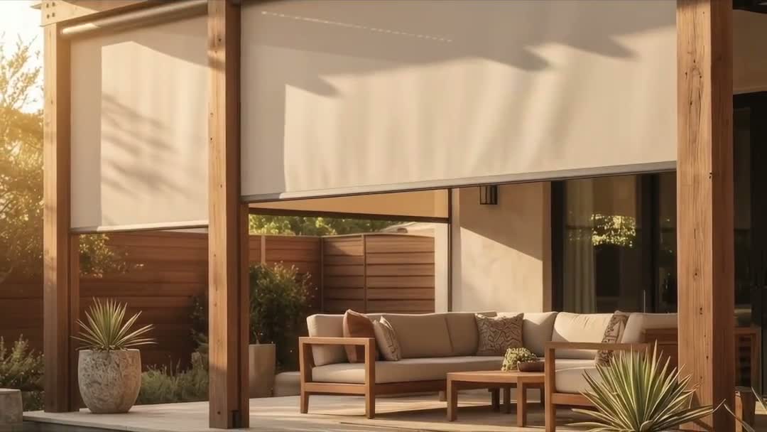Golden-hour patio with retractable shades