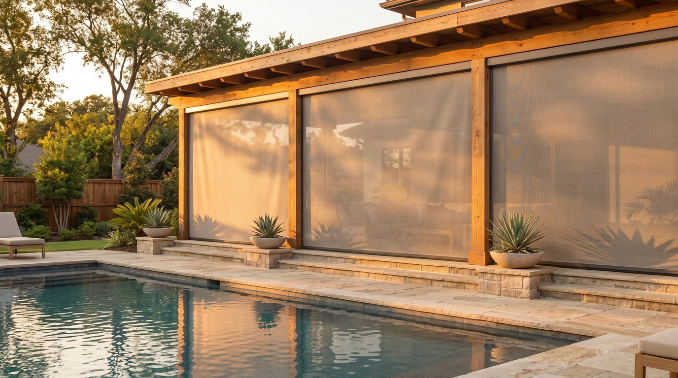 Illustrative poolside patio with solar screens fully lowered